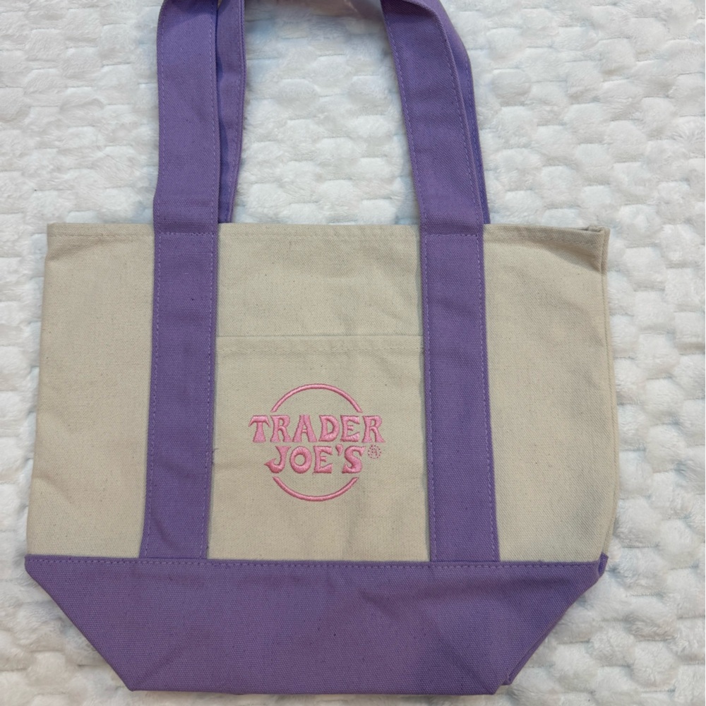 Trader Joe's Canvas Tote Bag Foldable Reusable Purple Beige Solid